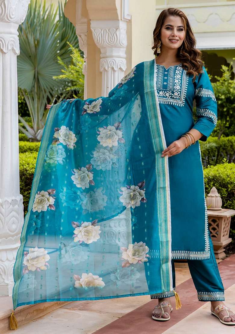 Rama Green Embroidered Silk Blend Straight Kurta Set - Indya