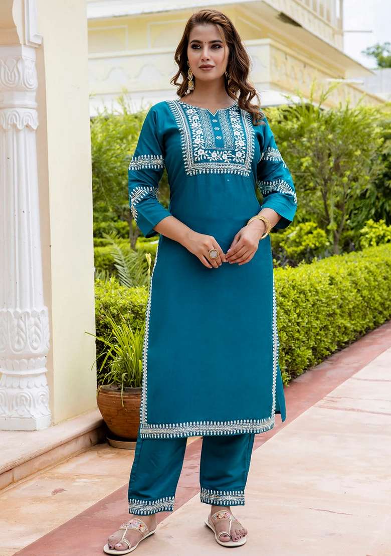 Rama Green Embroidered Silk Blend Straight Kurta Set - Indya