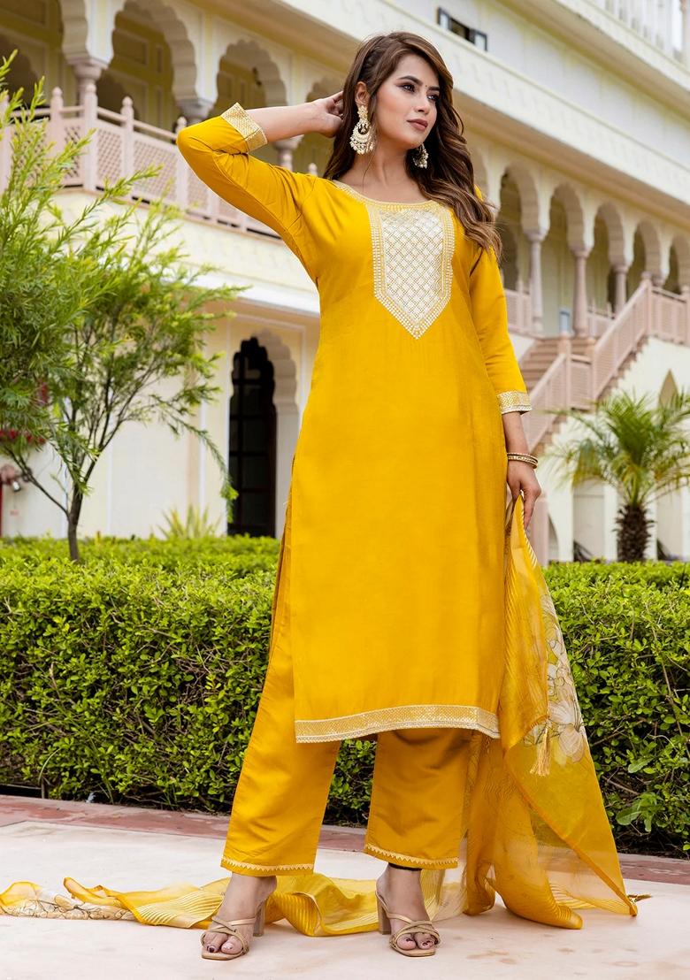 Yellow Embroidered Silk Salwar Kameez With Dupatta