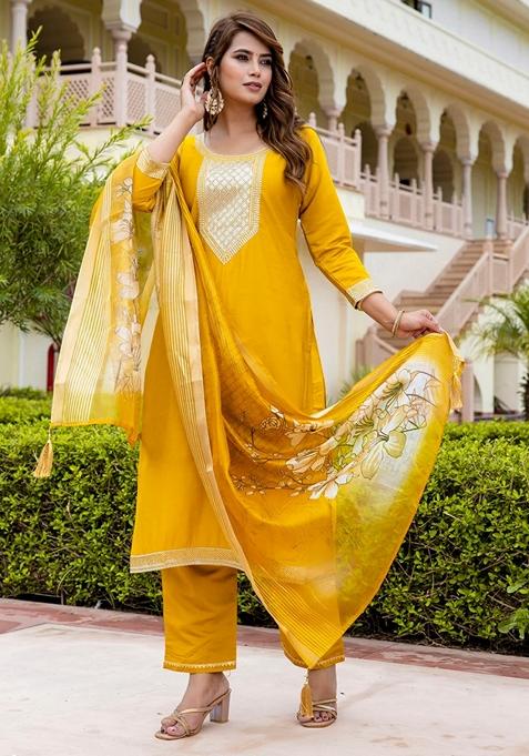 Yellow Embroidered Silk Straight Kurta Set — view on Indya