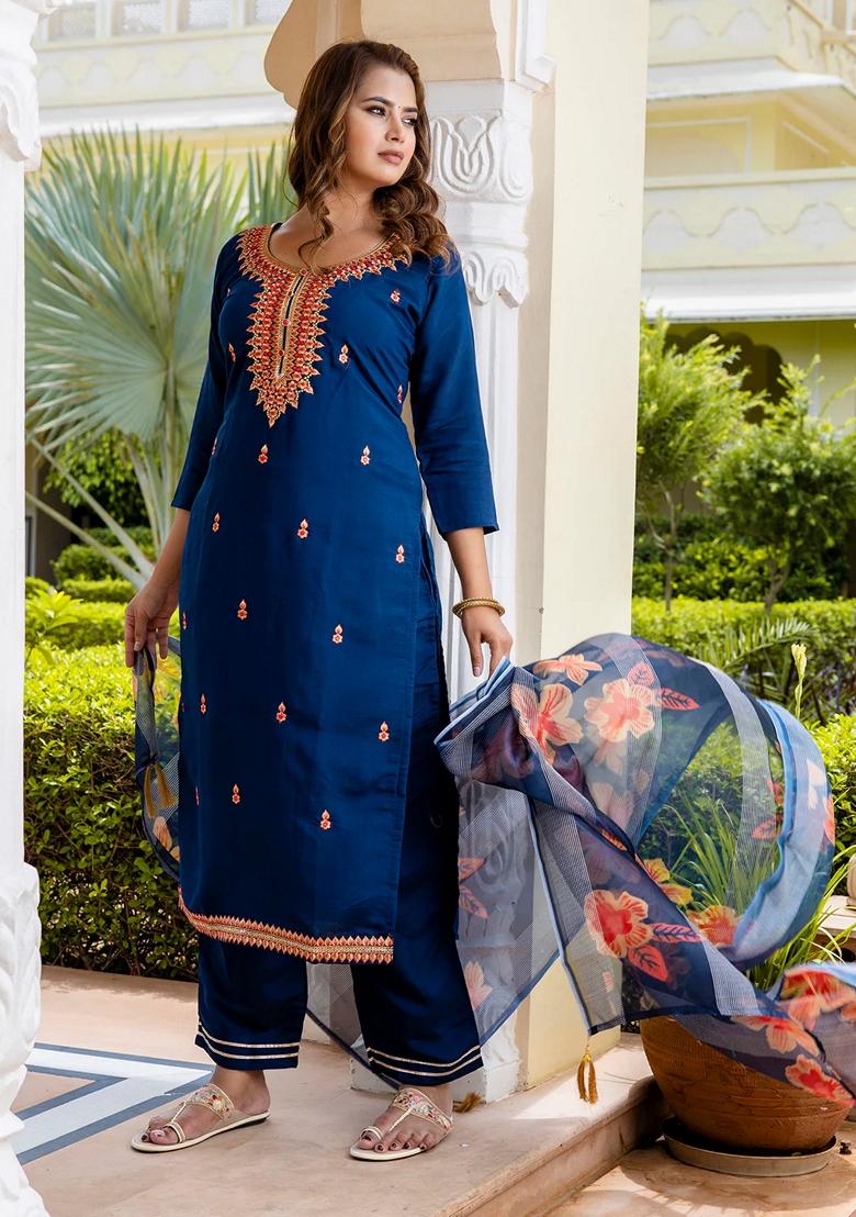 Blue Embroidered Silk Salwar Kameez With Dupatta
