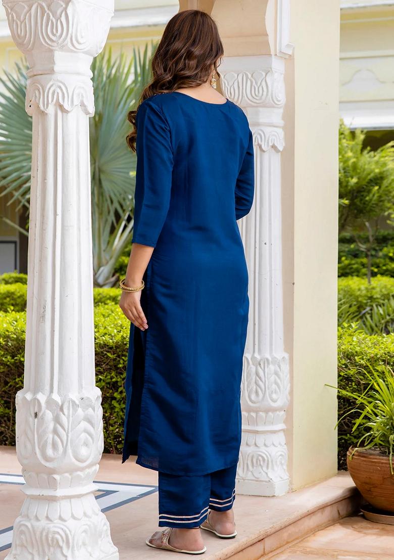 Blue Embroidered Silk Salwar Kameez With Dupatta