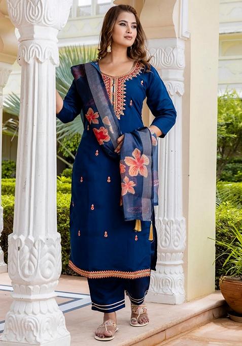 Blue Embroidered Silk Straight Kurta Set