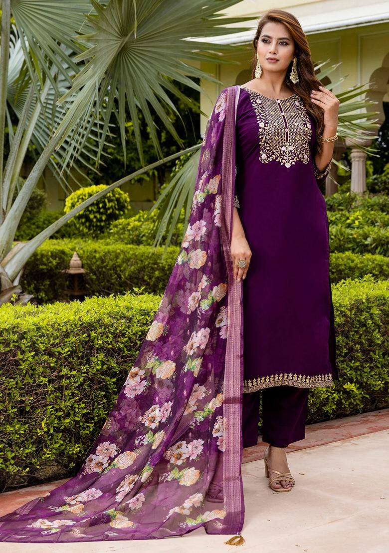 Purple Embroidered Silk Salwar Kameez With Dupatta