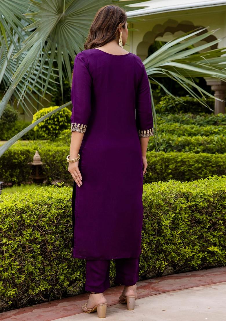 Purple Embroidered Silk Salwar Kameez With Dupatta