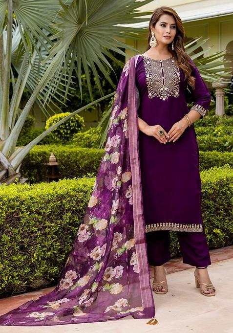 Purple Embroidered Silk Straight Kurta Set