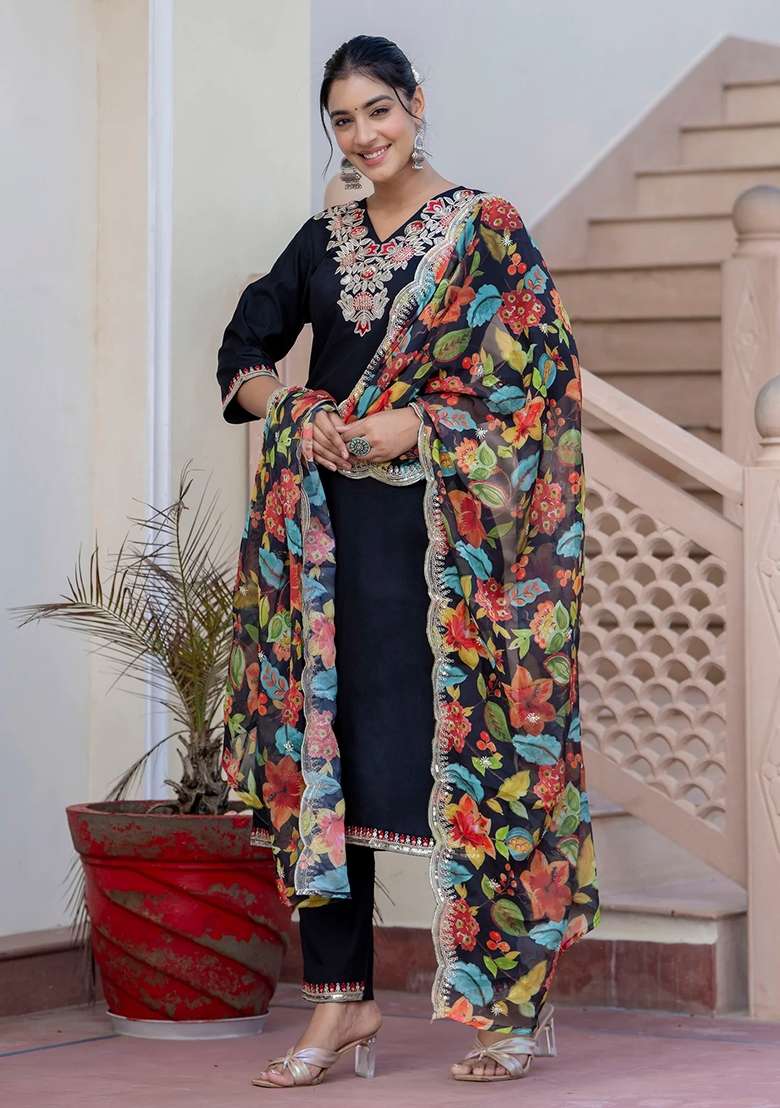 Black Embroidered Silk Blend Straight Kurta Set - Indya