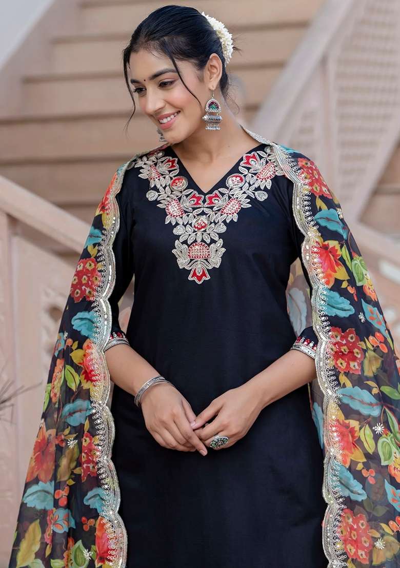 Black Embroidered Silk Blend Straight Kurta Set - Indya