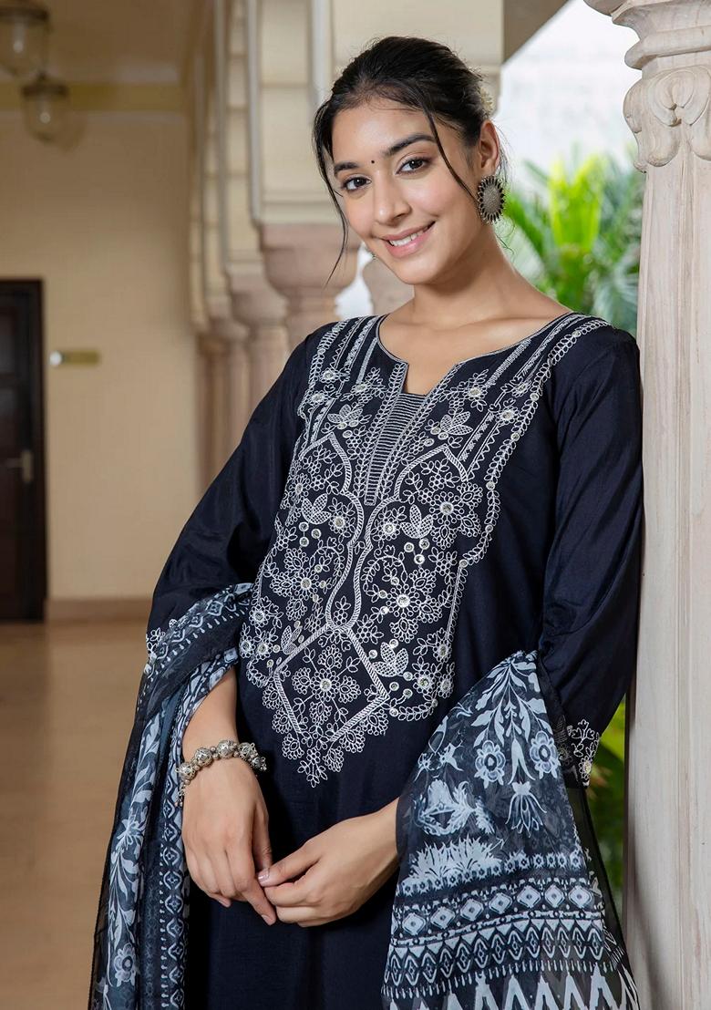 Black Embroidered Pure Cotton Salwar Kameez With Dupatta