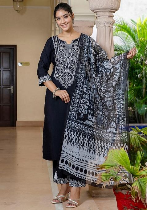 Black Embroidered Cotton Straight Kurta Set