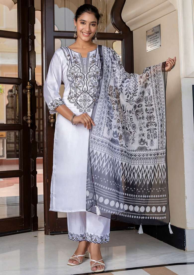 White Embroidered Cotton Straight Kurta Set - Indya