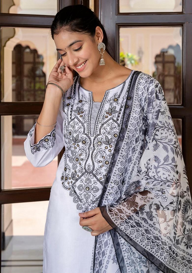 White Embroidered Pure Cotton Salwar Kameez With Dupatta
