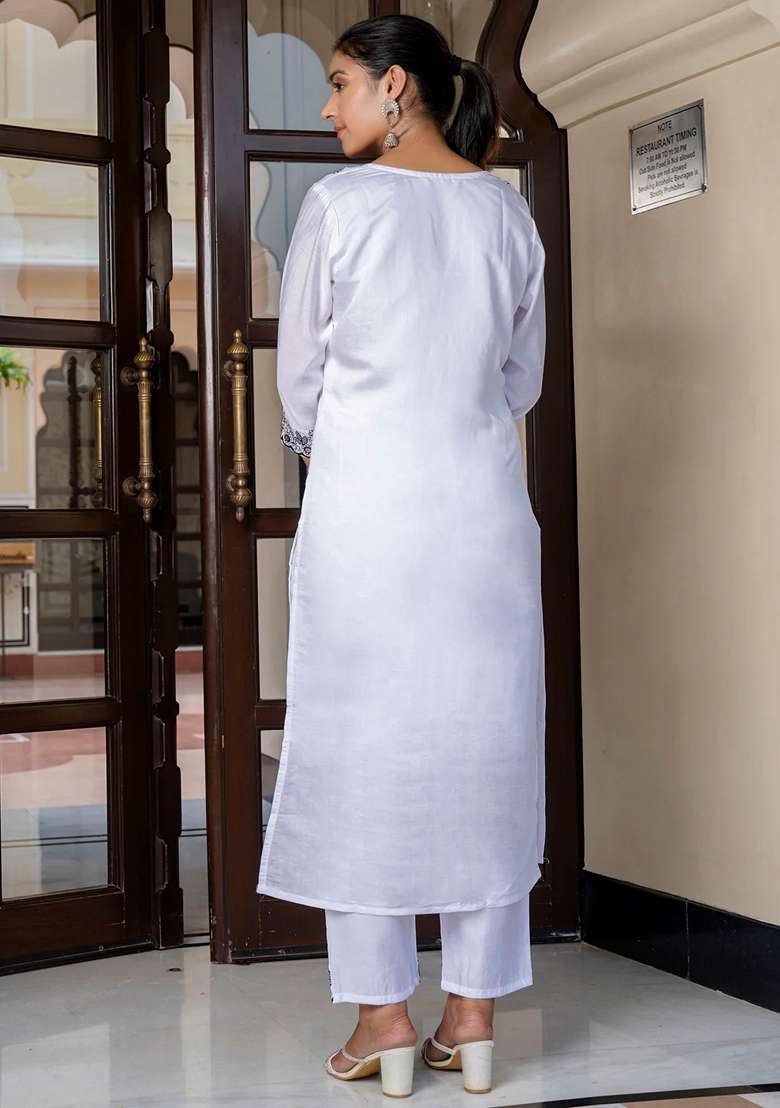White Embroidered Cotton Straight Kurta Set - Indya