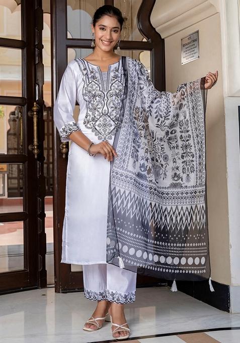 White Embroidered Cotton Straight Kurta Set