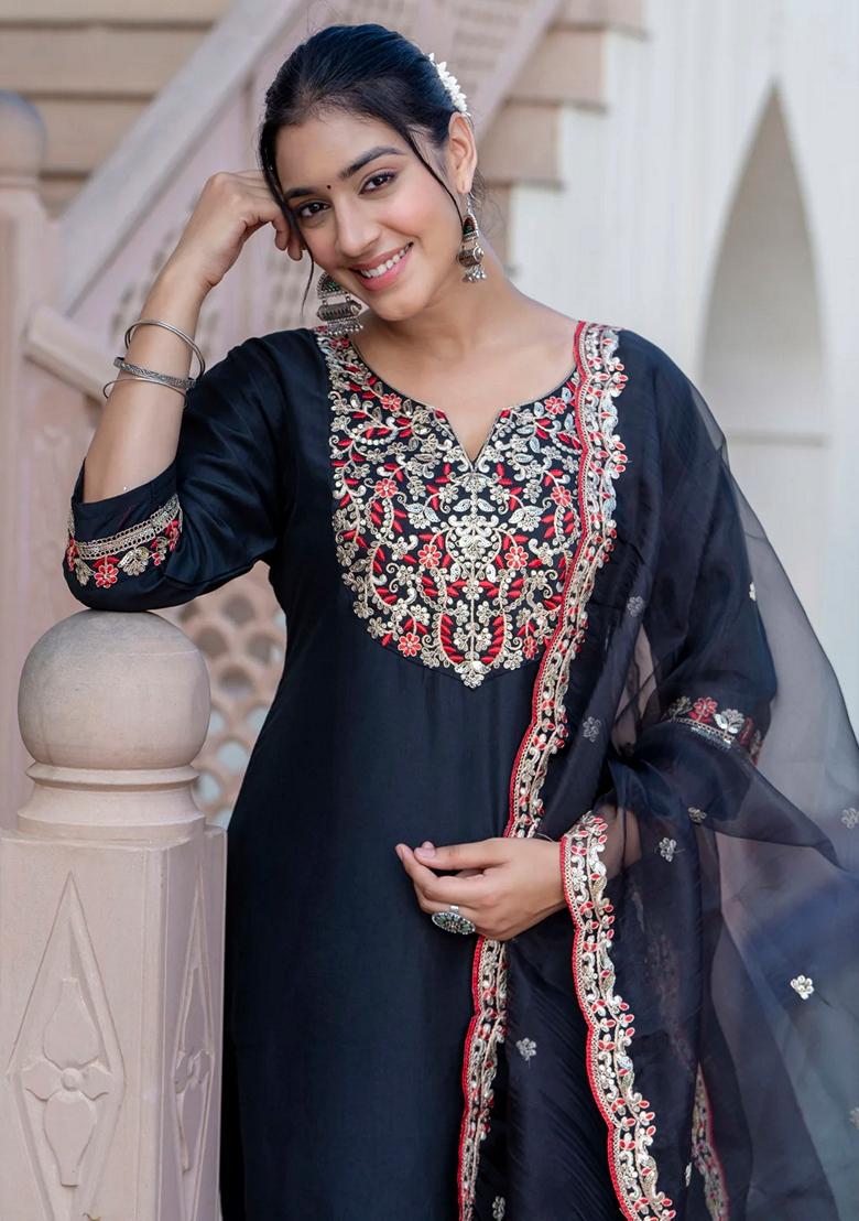 Black Embroidered Silk Blend Salwar Kameez With Dupatta