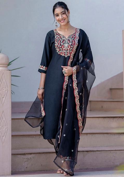 Black Embroidered Silk Straight Kurta Set