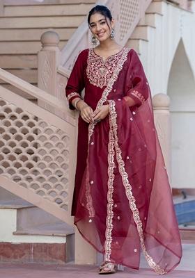 Maroon Embroidered Silk Blend Salwar Kameez With Dupatta
