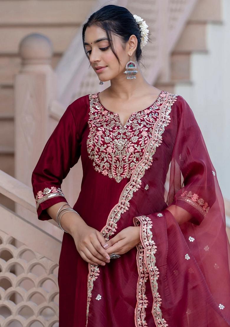 Maroon Embroidered Silk Blend Salwar Kameez With Dupatta