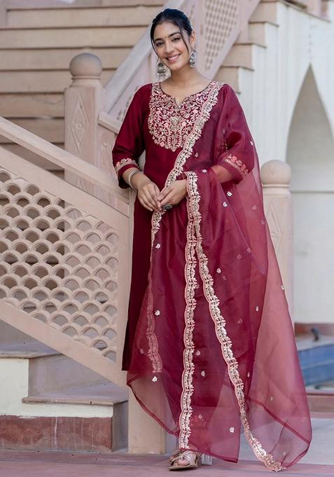 Maroon Embroidered Silk Blend Salwar Kameez With Dupatta