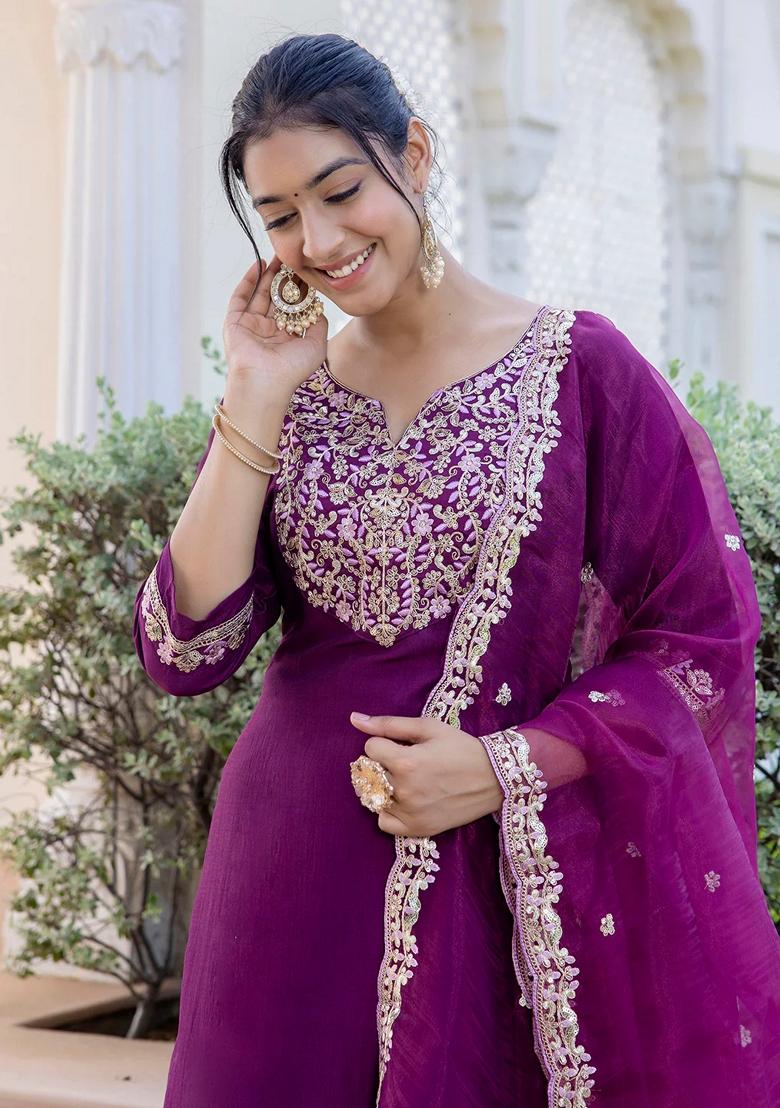 Purple Embroidered Silk Blend Salwar Kameez With Dupatta
