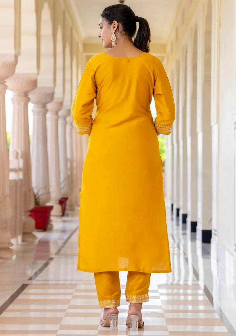 Yellow Embroidered Silk Blend Salwar Kameez With Dupatta