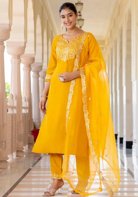 Yellow Embroidered Silk Straight Kurta Set