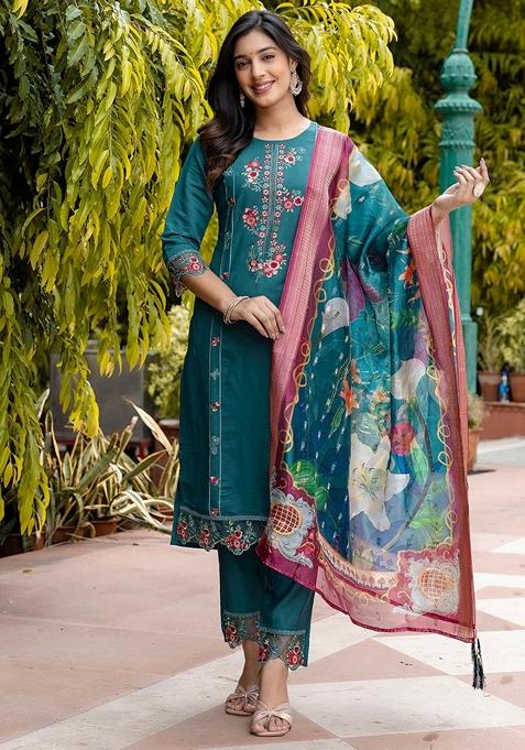 Green Embroidered Silk Straight Kurta Set