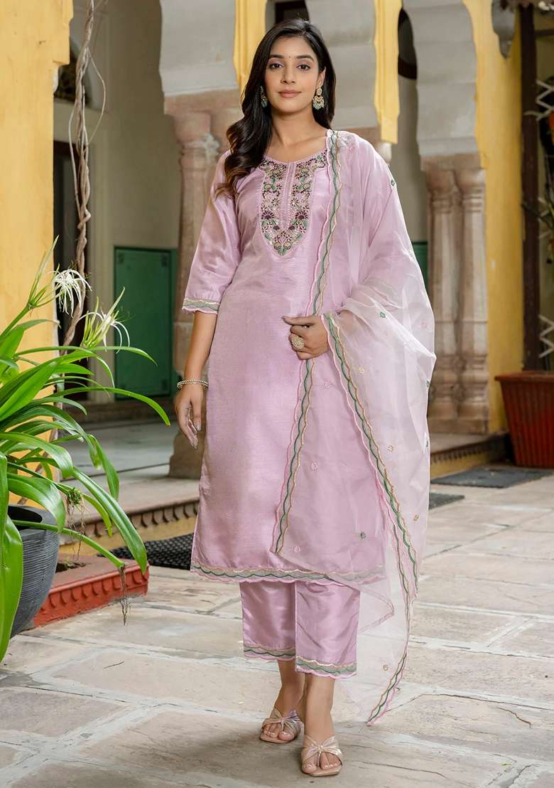 Lavender Embroidered Silk Blend Straight Kurta Set - Indya