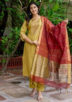 Mehendi Green Foil Print Pure Cotton Salwar Kameez With Dupatta