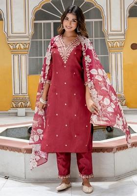 Maroon Embroidered Viscose Rayon Salwar Kameez With Dupatta