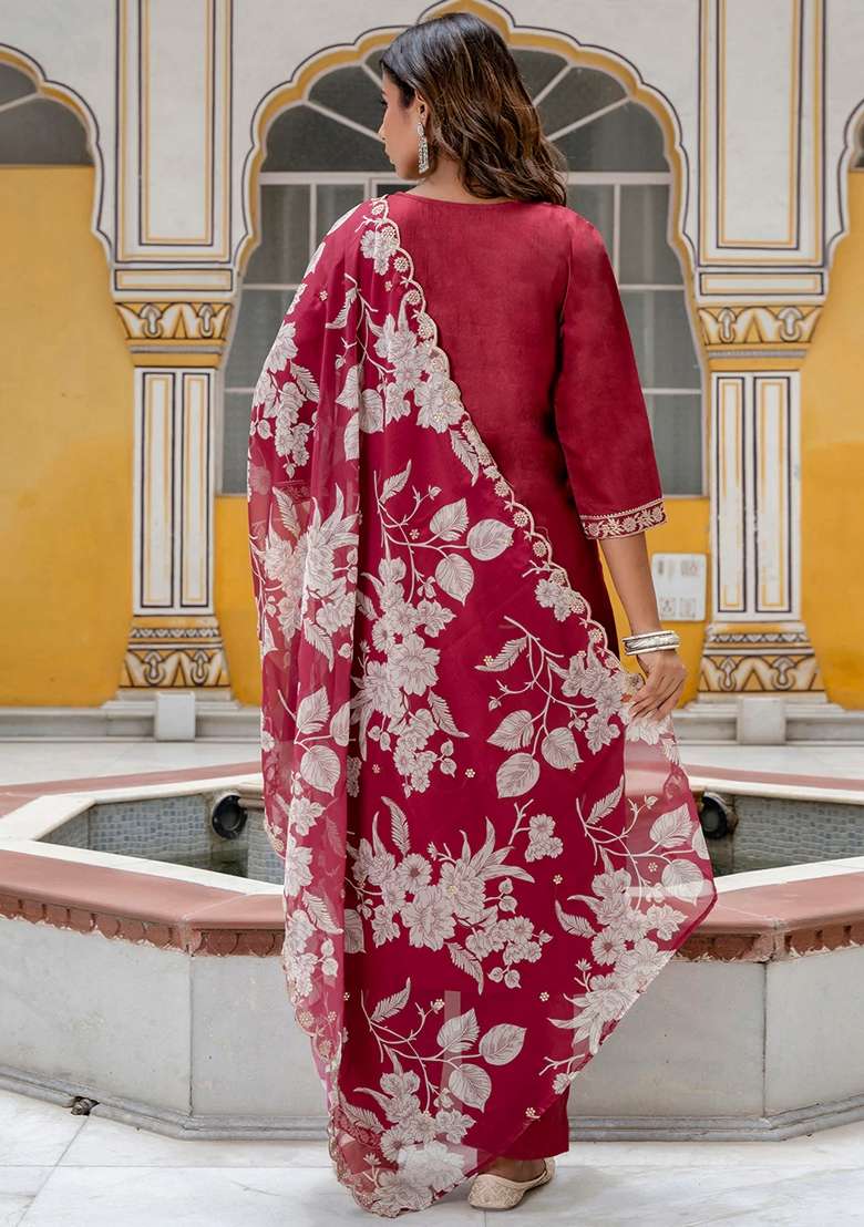 Maroon Embroidered Viscose Straight Kurta Set - Indya