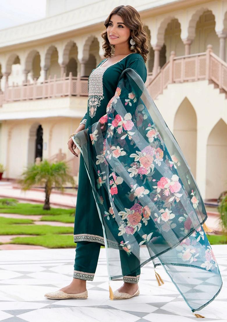 Green Embroidered Silk Salwar Kameez With Dupatta