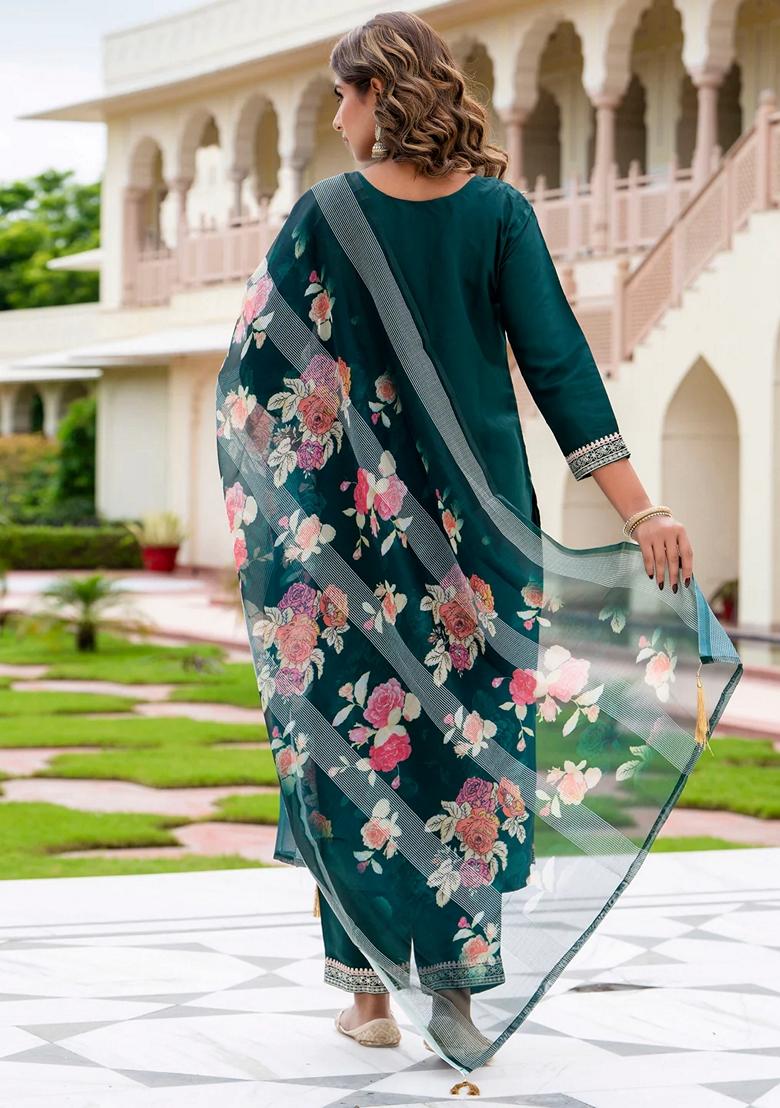 Green Embroidered Silk Salwar Kameez With Dupatta