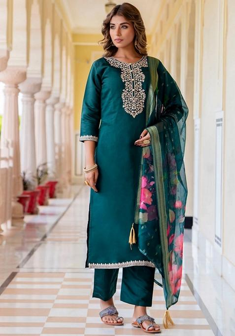 Green Embroidered Silk Straight Kurta Set