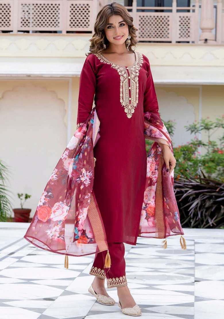 Maroon Embroidered Silk Blend Straight Kurta Set - Indya