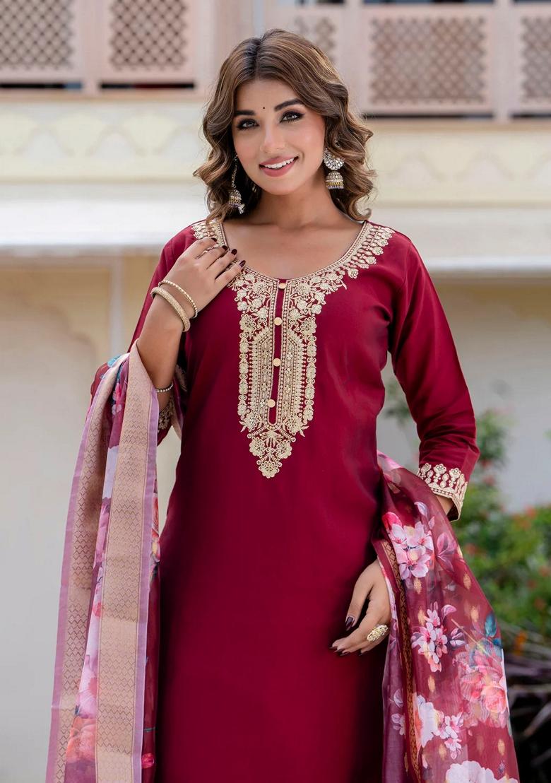Maroon Embroidered Silk Salwar Kameez With Dupatta