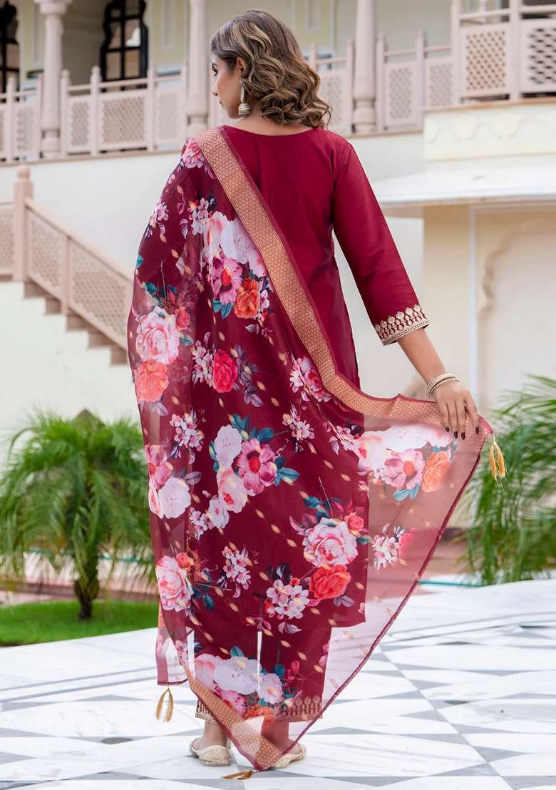 Maroon Embroidered Silk Blend Straight Kurta Set - Indya