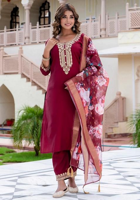 Maroon Embroidered Silk Straight Kurta Set — view on Indya