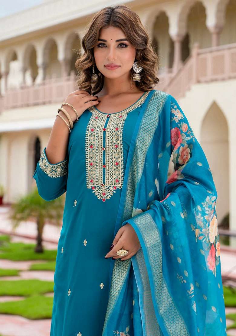 Rama Green Embroidered Silk Blend Straight Kurta Set - Indya