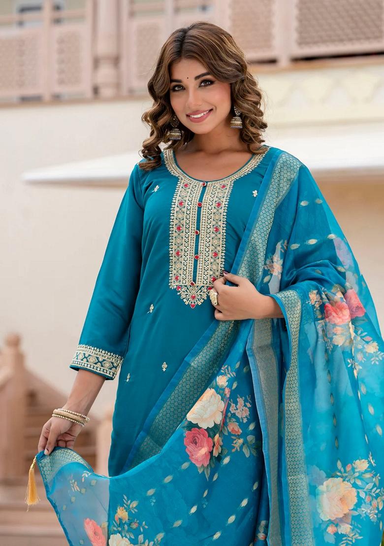 Rama Green Embroidered Silk Salwar Kameez With Dupatta