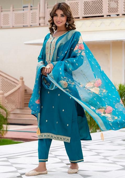 Rama Green Embroidered Silk Straight Kurta Set