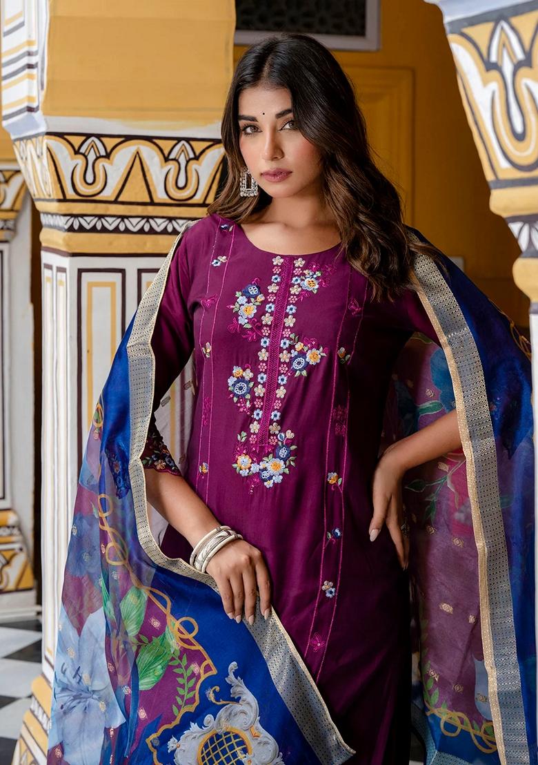 Purple Embroidered Silk Salwar Kameez With Dupatta