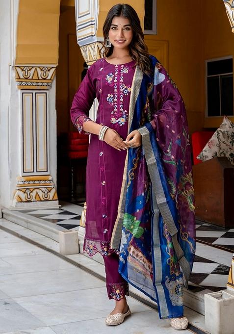 Purple Embroidered Silk Straight Kurta Set
