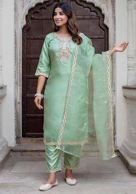 Pista Green Embroidered Silk Blend Salwar Kameez With Dupatta