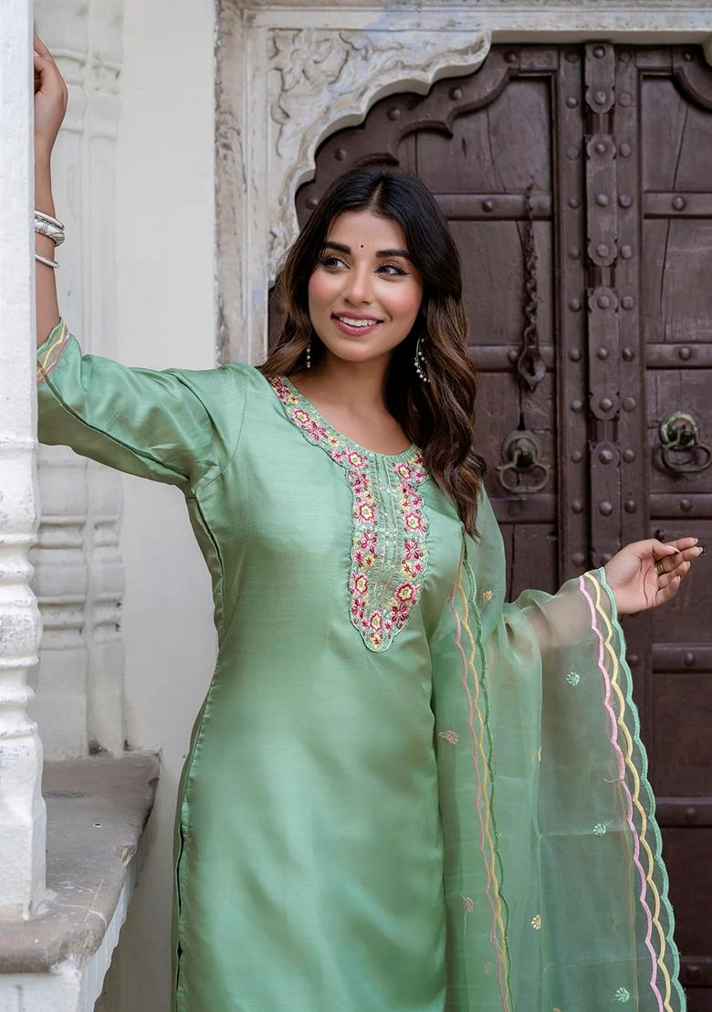 Pista Green Embroidered Silk Blend Salwar Kameez With Dupatta