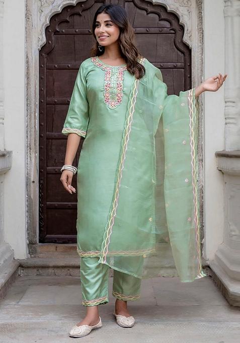 Pista Green Embroidered Silk Blend Salwar Kameez With Dupatta