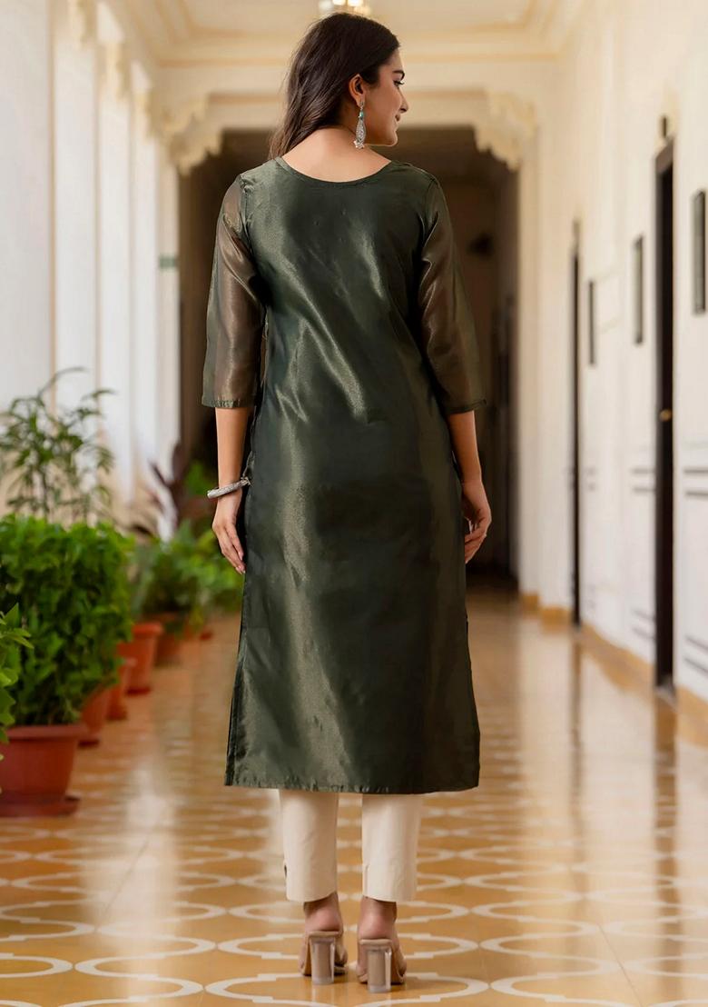 Bottel Green Embroidered Silk Blend Salwar Kameez With Dupatta