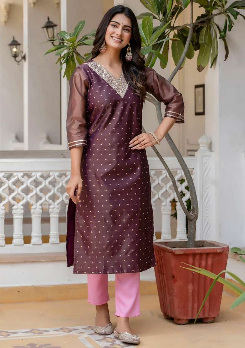 Purple Printed Silk Blend Straight Kurta Set - Indya