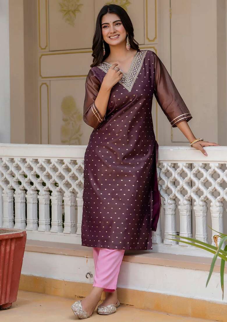 Purple Printed Silk Blend Straight Kurta Set - Indya