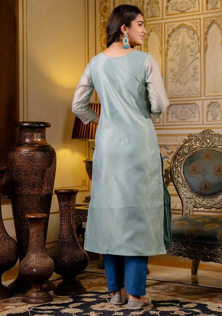 Green Embroidered Silk Blend Salwar Kameez With Dupatta